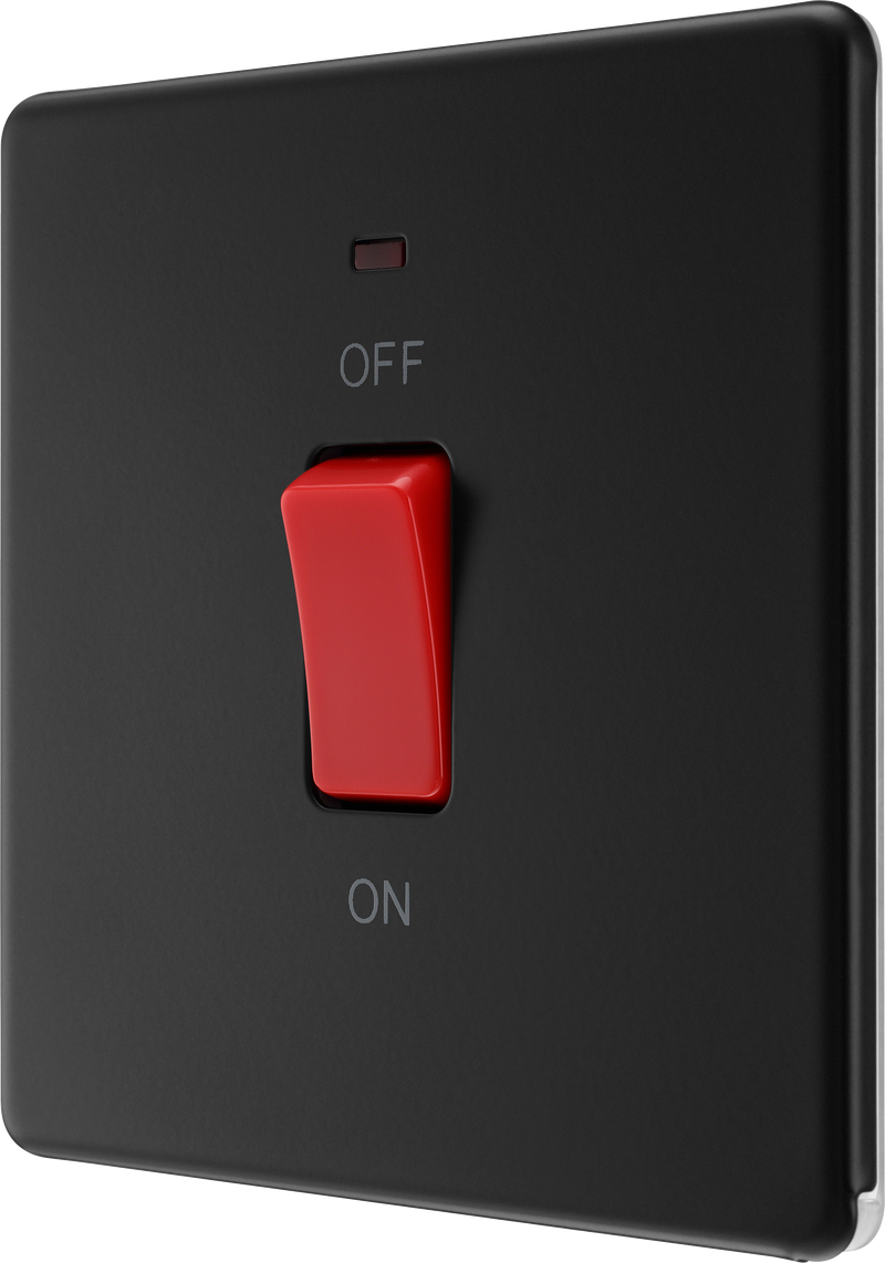 BG Electrical Flatplate Screwless Matt Black - 45A, double pole, single plate, with indicator
