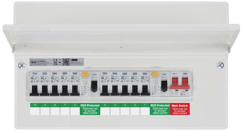 BG Circuit Protection Dual RCD - 16 module, 10 way, 100A Main Switch, 2 x 80A Type A RCD, 10 MCB's