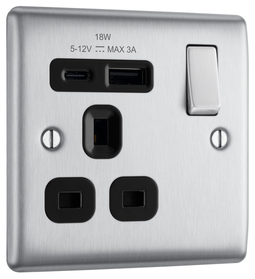 BG Electrical Nexus Metal Brushed Steel - Single, switched, single pole, with 1 x USB A + 1 x USB C