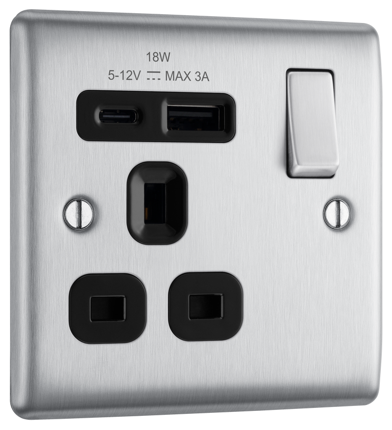 BG Electrical Nexus Metal Brushed Steel - Single, switched, single pole, with 1 x USB A + 1 x USB C