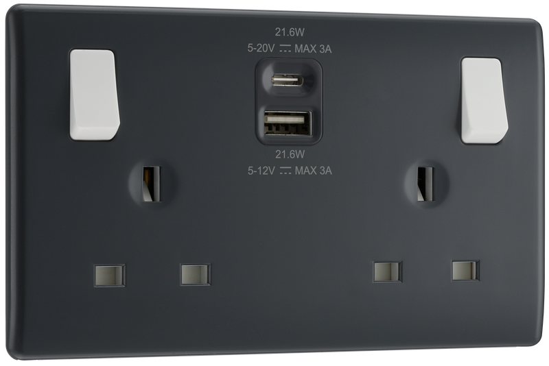 BG Electrical Part M - Double switched single pole, with USB A + C (22W)