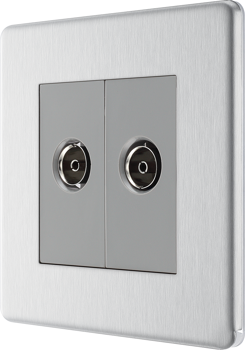 BG Electrical Flatplate Screwless Brushed Steel - Double, isolated, co-axial