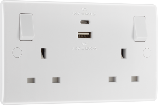BG Electrical 800 Series - Double switched single pole, with USB A + C (45W)