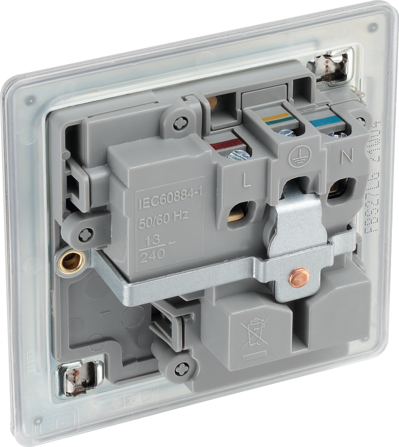 BG Electrical Flatplate Screwless Brushed Steel - Single, switched, universal with indicator (export only)