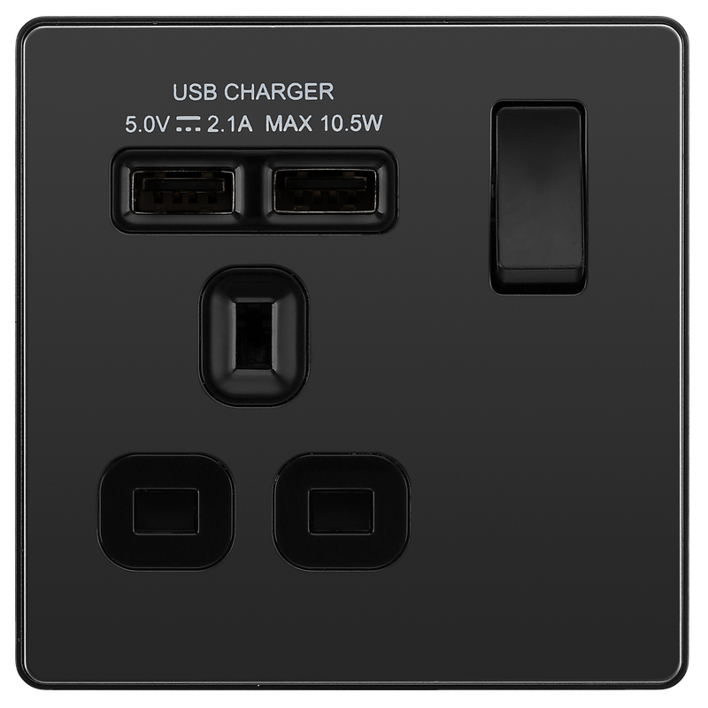 BG Electrical Evolve Black Chrome - Single, switched, single pole, with 2 x USB A