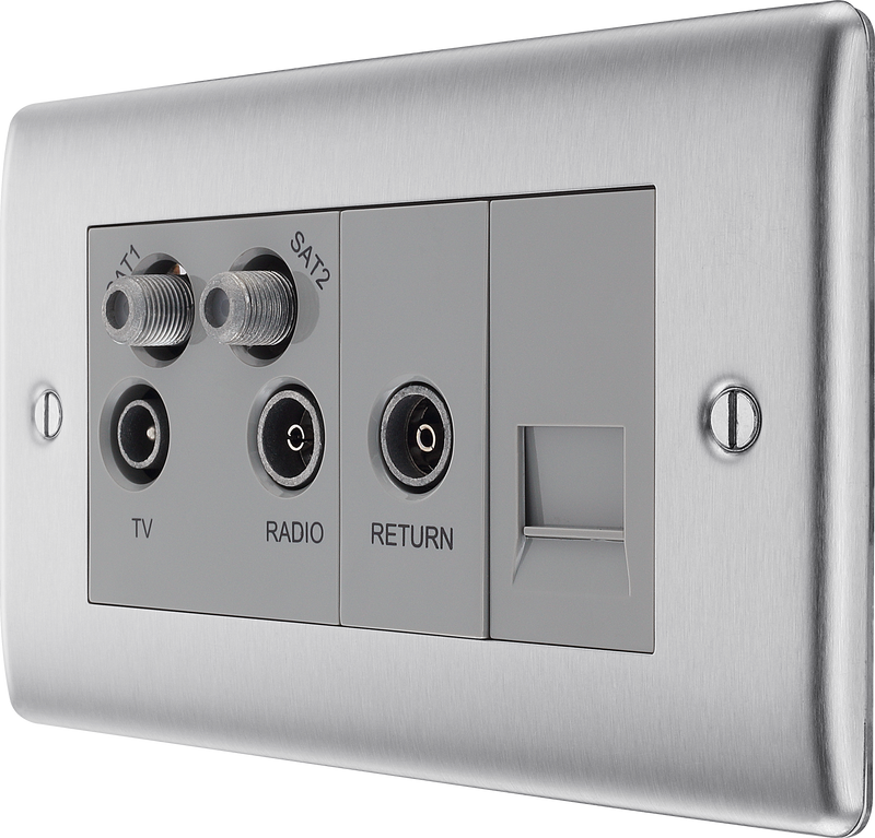 BG Electrical Nexus Metal Brushed Steel - Quadplex, 2 x sat, BT outlet and co-ax returned - screened