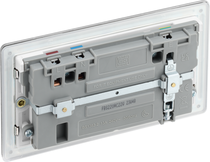 BG Electrical Flatplate Screwless Brushed Steel - Double switched single pole, with USB A + C (22W)