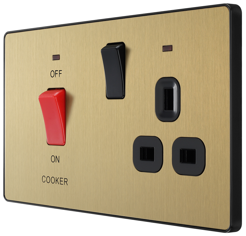 BG Electrical Evolve Satin Brass - 45A double pole with switched socket and indicators
