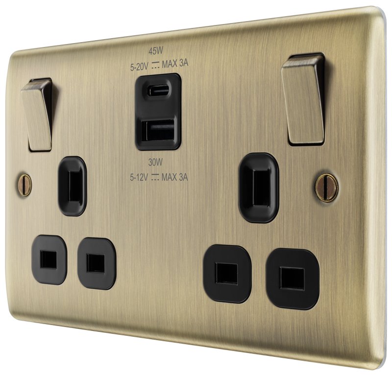 BG Electrical Nexus Metal Antique Brass - Double switched single pole, with USB A + C (45W)