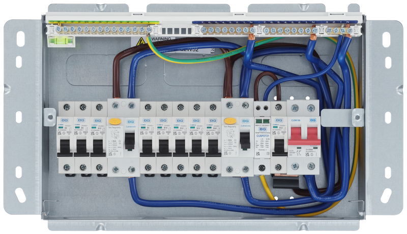 BG Circuit Protection Dual RCD SPD - 16 module, 8 way, 100A Main Switch, 80A/80A Type A RCD, 8 MCB's, Type 2 SPD