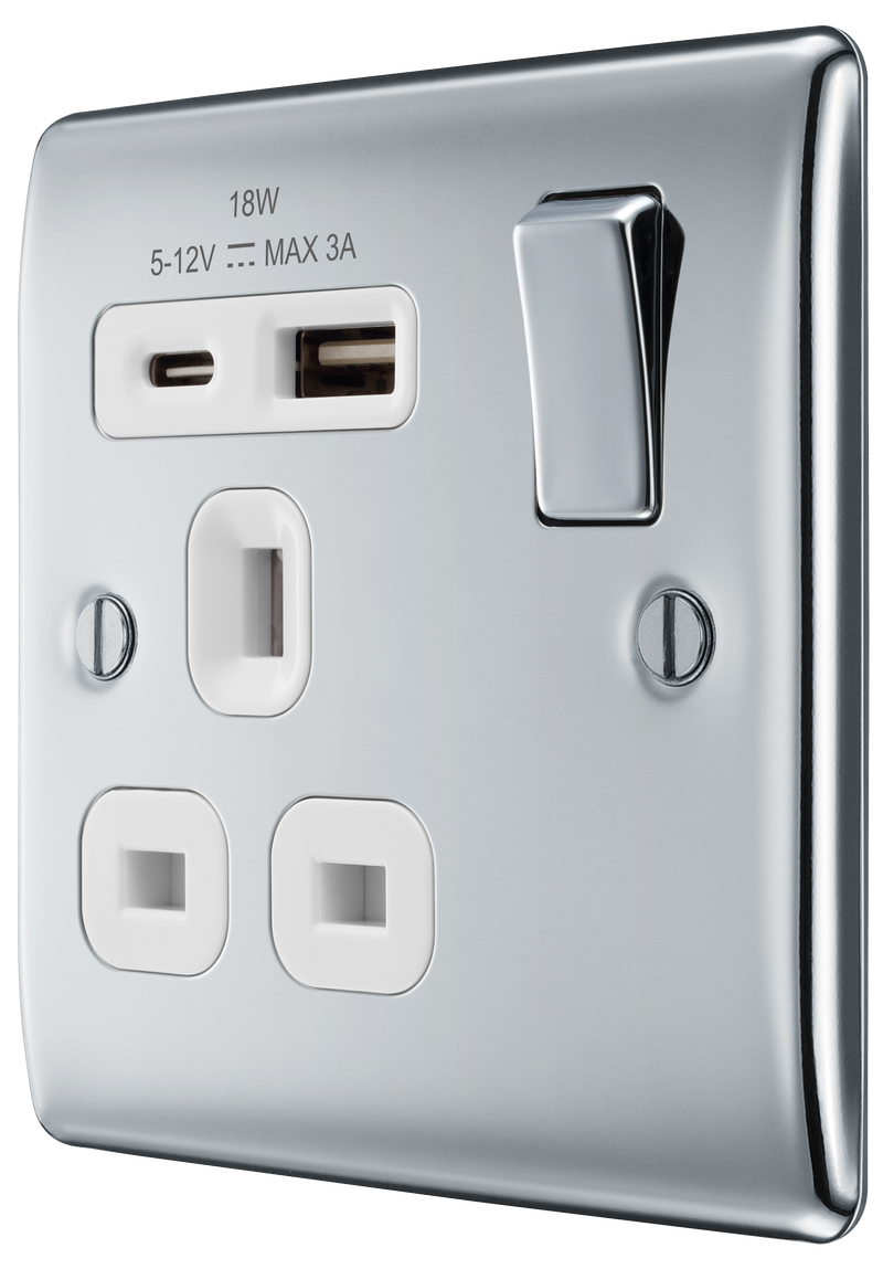 BG Electrical Nexus Metal Polished Chrome - Single, switched, single pole, with 1 x USB A + 1 x USB C