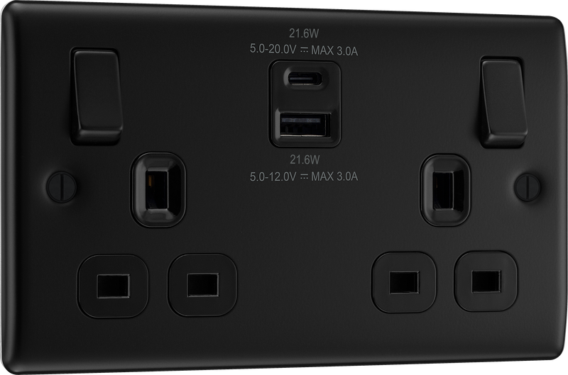 BG Electrical Nexus Metal Matt Black - Double switched single pole, with USB A + C (22W)