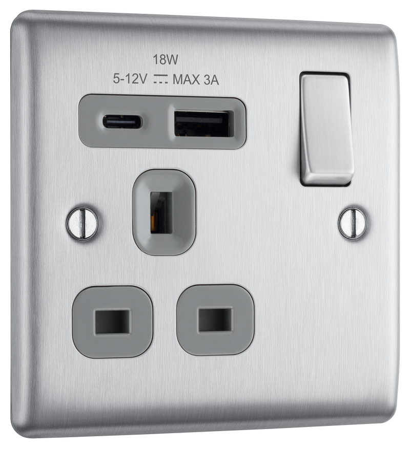 BG Electrical Nexus Metal Brushed Steel - Single, switched, single pole, with 1 x USB A + 1 x USB C