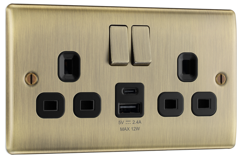 BG Electrical Nexus Metal Antique Brass - Double switched single pole, with USB A + C (12W)