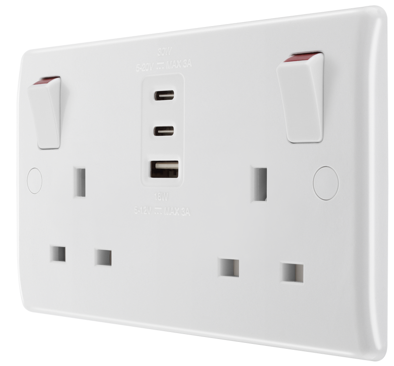 BG Electrical 800 Series - Double, switched, single pole, with 1 x A and 2 x C type USB (30W)