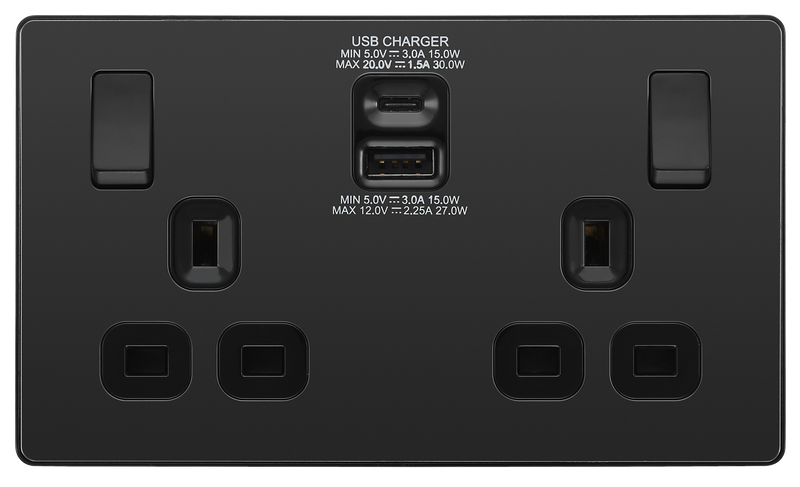 BG Electrical Evolve Black Chrome - Double, switched, single pole, with 30W fast charge USB A + USB C