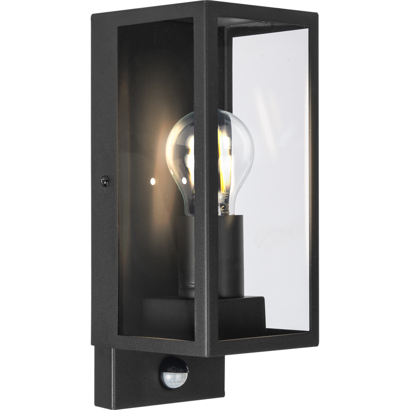 Luceco Azurar Coach Lantern - Exterior Decorative Wall Glass Lanten Single with PIR motion Sensor IP44 E27 Lamp included Black