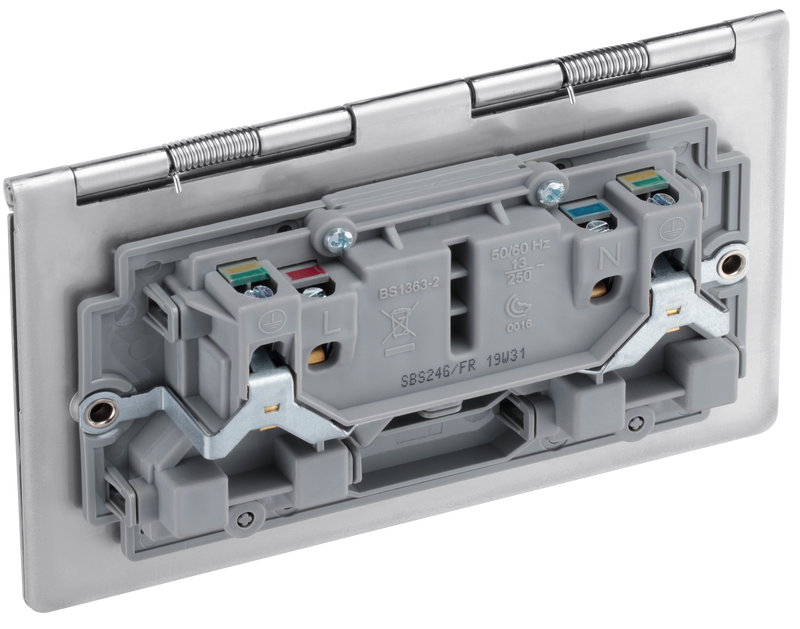 BG Electrical Flatplate Screwless Brushed Steel - Double, unswitched, floor socket