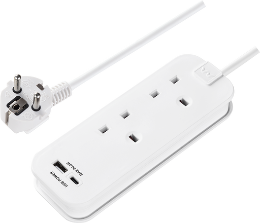 Masterplug Travel - 20W USB, 2 Socket Travel Extension Lead, 0.5m, 13A, White