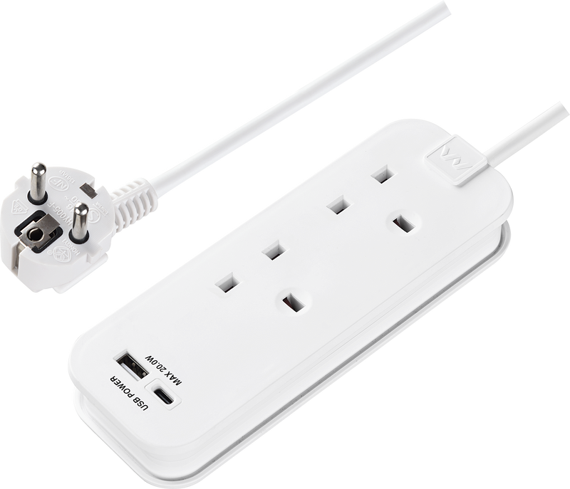 Masterplug Travel - 20W USB, 2 Socket Travel Extension Lead, 0.5m, 13A, White