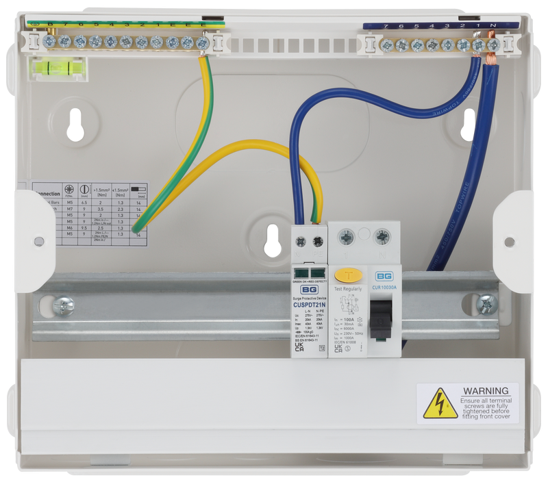 BG Circuit Protection Dual RCD - 9 module, 6 way, 100A Type A RCD, Type 2 SPD