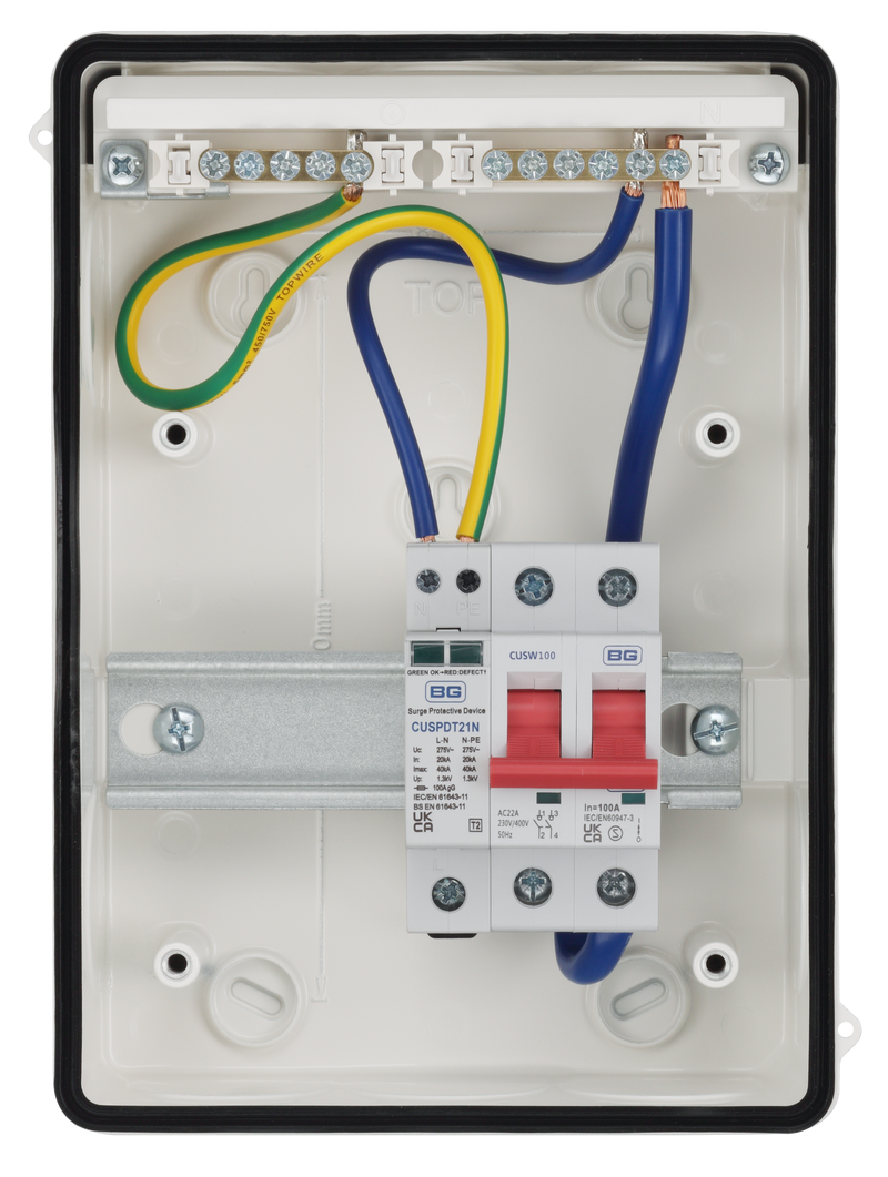 BG Circuit Protection IP65 Weatherproof - 5 module, 2 way, 100A Main Switch, Type 2 SPD