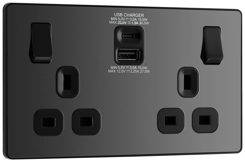 BG Electrical Evolve Black Chrome - Double, switched, single pole, with 30W fast charge USB A + USB C