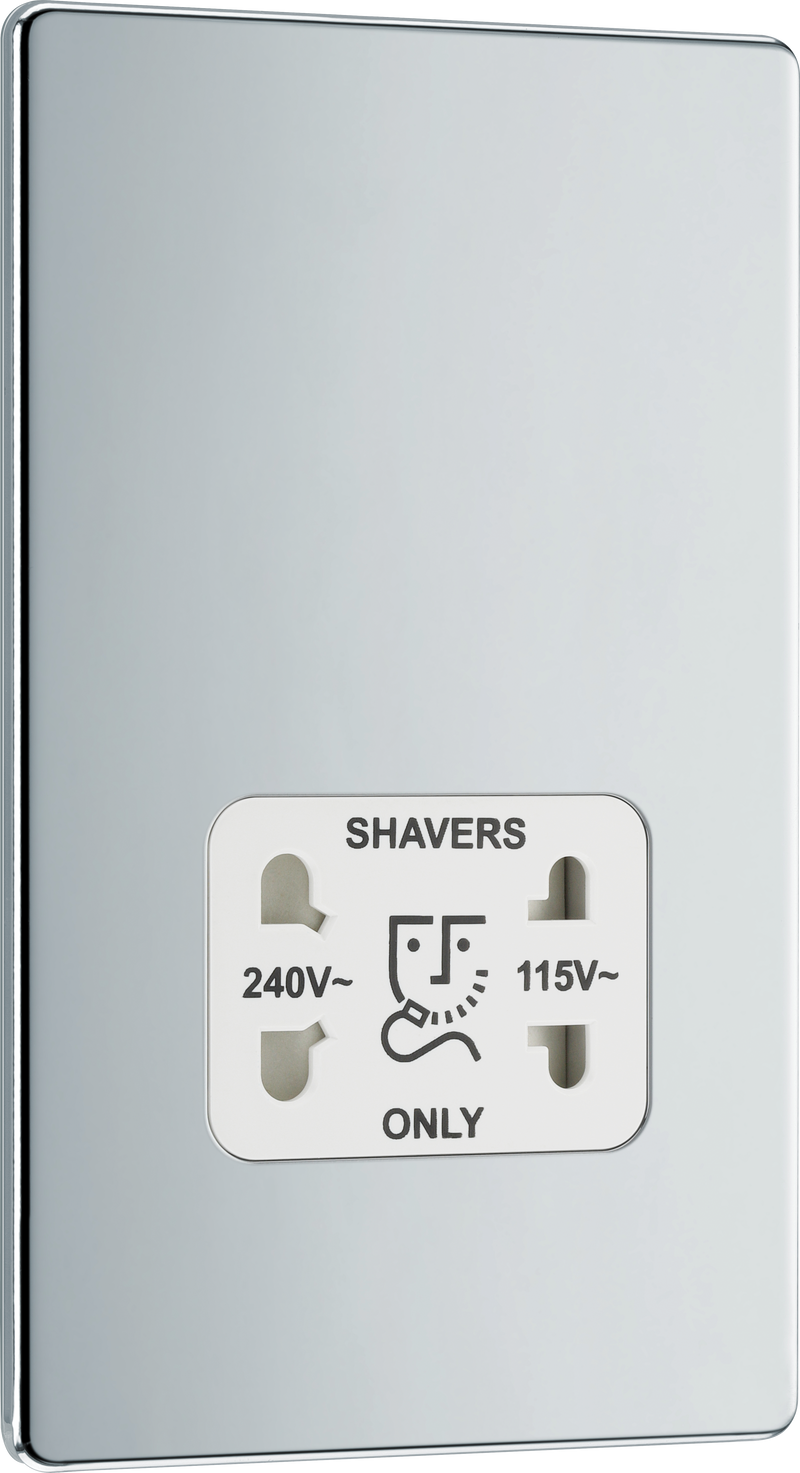 BG Electrical Flatplate Screwless Polished Chrome - 115/240V dual voltage shaver socket
