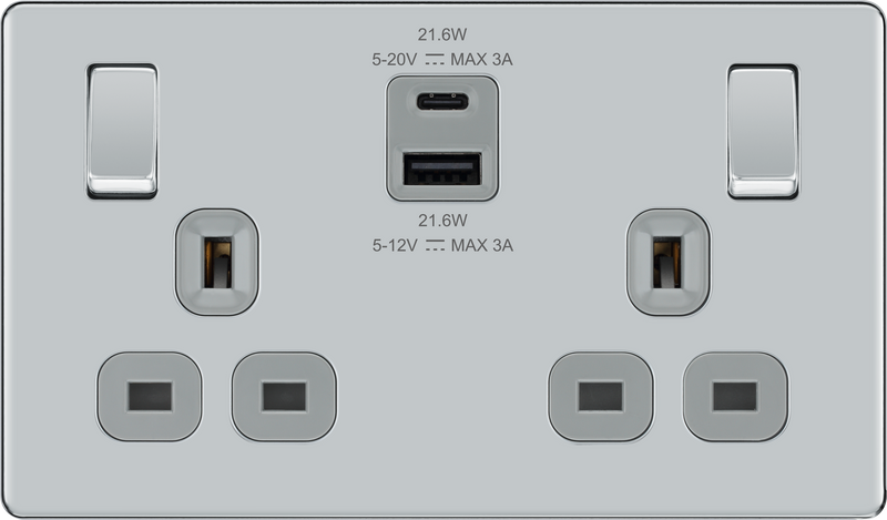 BG Electrical Flatplate Screwless Polished Chrome - Double switched single pole, with USB A + C (22W)