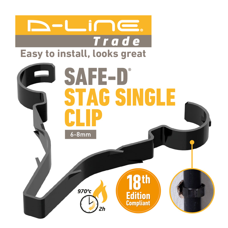 D-Line Fire Clip - Safe-D Stag-Clip for 1x 6-8mm φ cable. Single, Black - Pack of 50