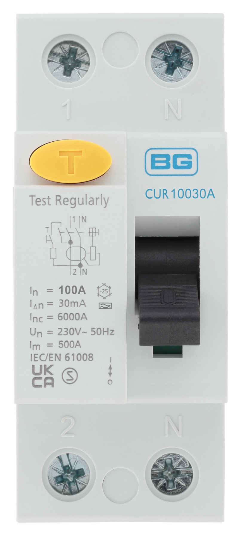 BG Circuit Protection RCD - Type A, Bidirectional RCD, Double Pole, 100A, 30mA, 2 module