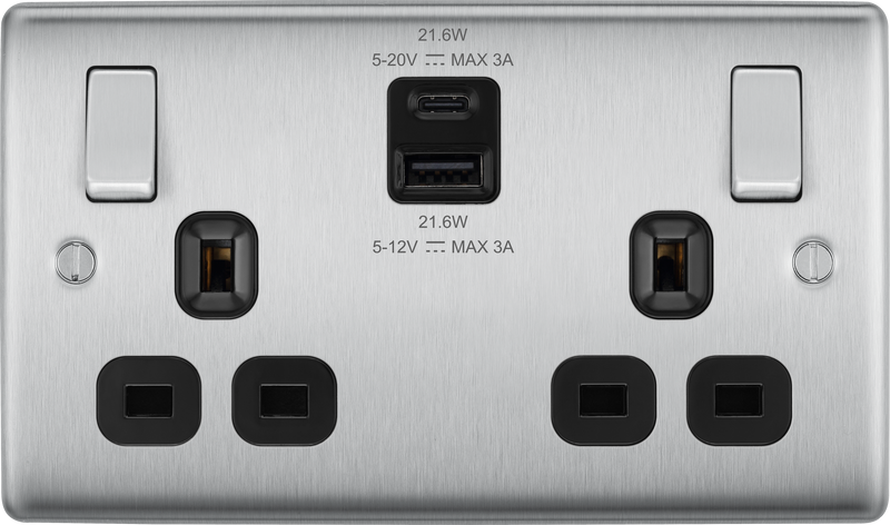 BG Electrical Nexus Metal Brushed Steel - Double switched single pole, with USB A + C (22W)