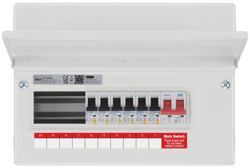 BG Circuit Protection RCBO Main Switch - 12 module, 10 way, 100A Main Switch, 6 RCBO's