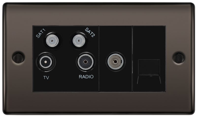 BG Electrical Nexus Metal Black Nickel - Quadplex, 2 x sat, BT outlet and co-ax returned - screened