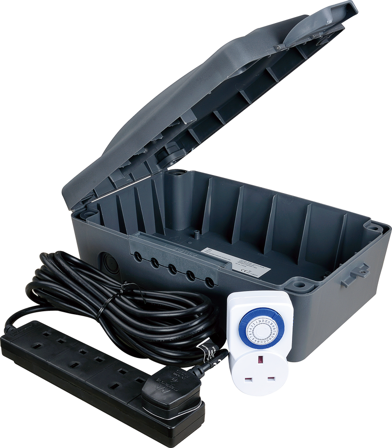 Masterplug Outdoor - 24 Hour Mechanical Timer, Extension Lead, 4 Sockets, 8m, 13A, Grey