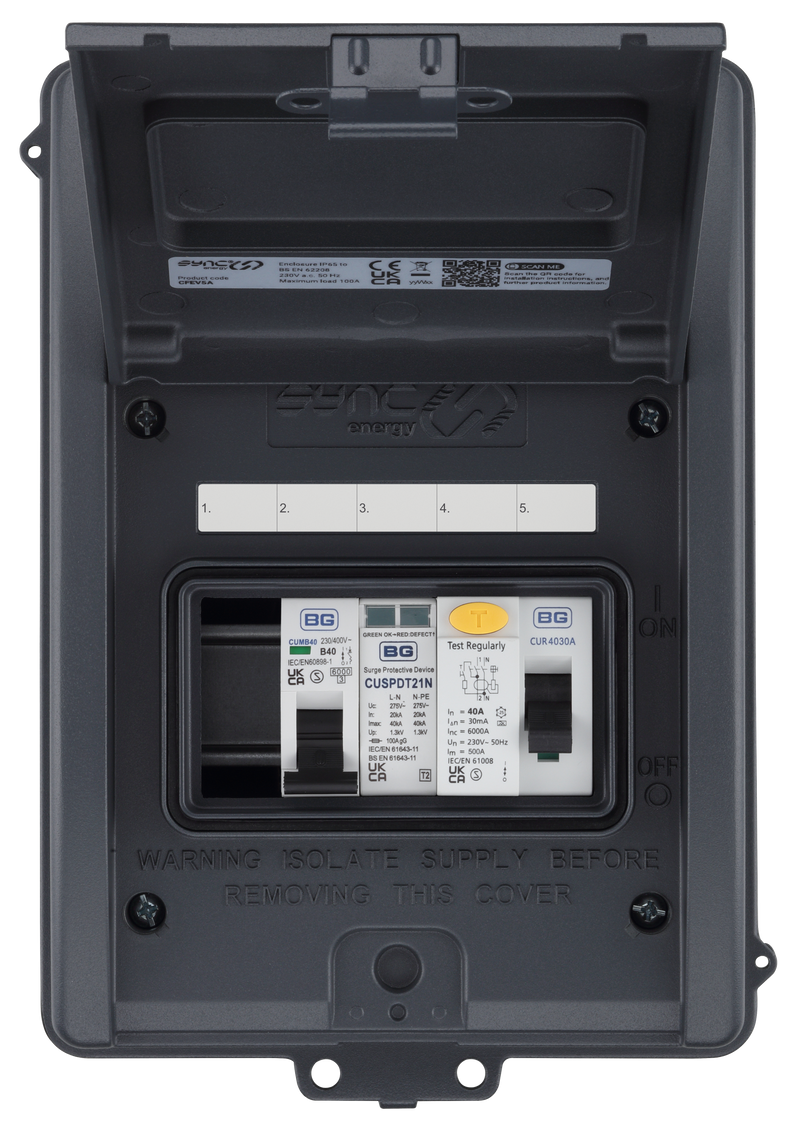 Sync Energy EV Circuit Protection - 5 Module EV Consumer Unit with 40A 30mA Type A RCD, 40A MCB, Type 2 SPD, IP65 - Grey