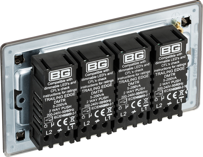 BG Electrical Flatplate Screwless Black Nickel - Quadruple, 2 way push 200W