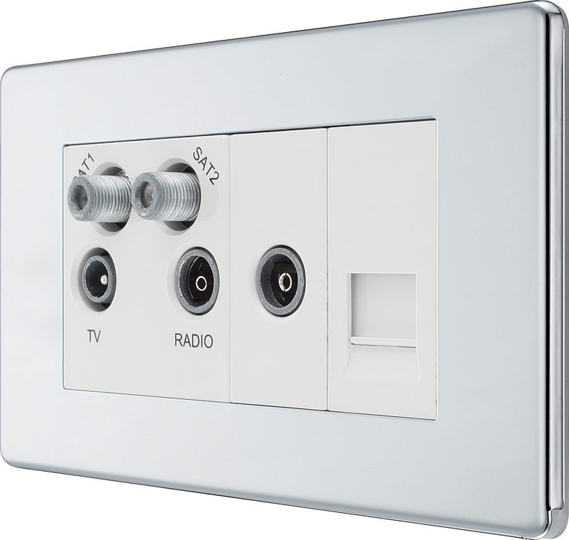 BG Electrical Flatplate Screwless Polished Chrome - Quadplex, 2 x sat, BT outlet and co-ax returned - screened