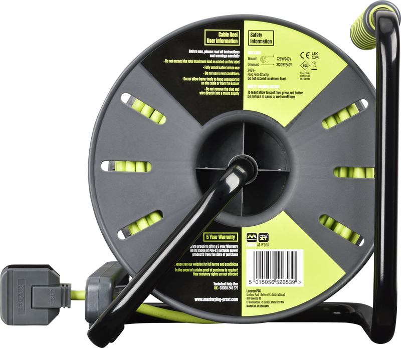 Masterplug Pro XT - 50m, 4 Sockets, 13A, Grey + Green