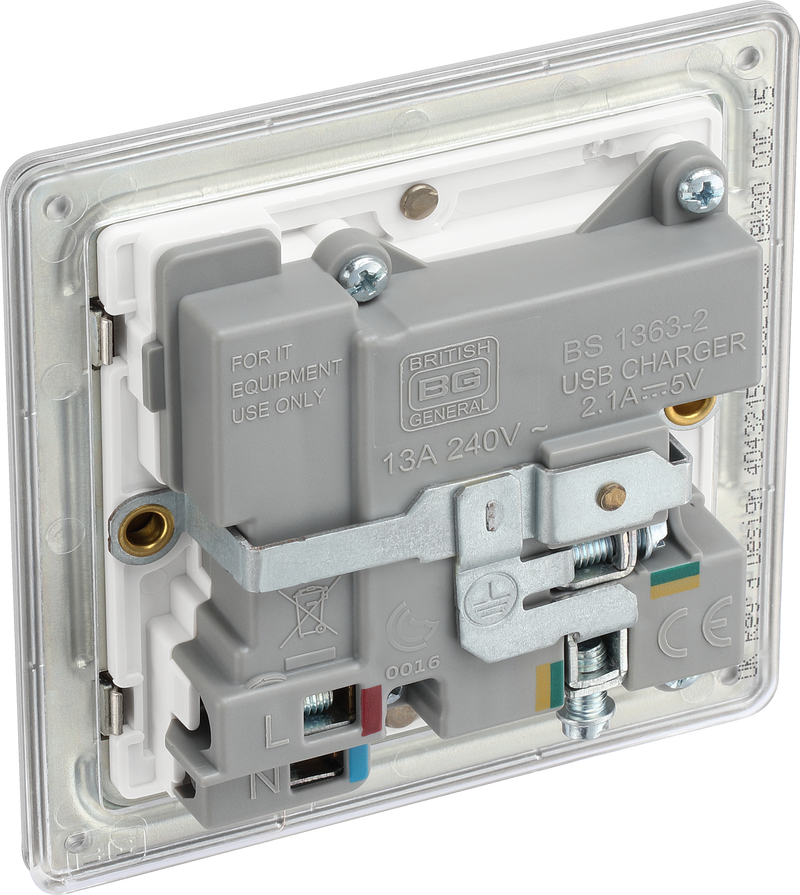 BG Electrical Flatplate Screwless Brushed Steel - Single switched, single pole, with 2 x USB A