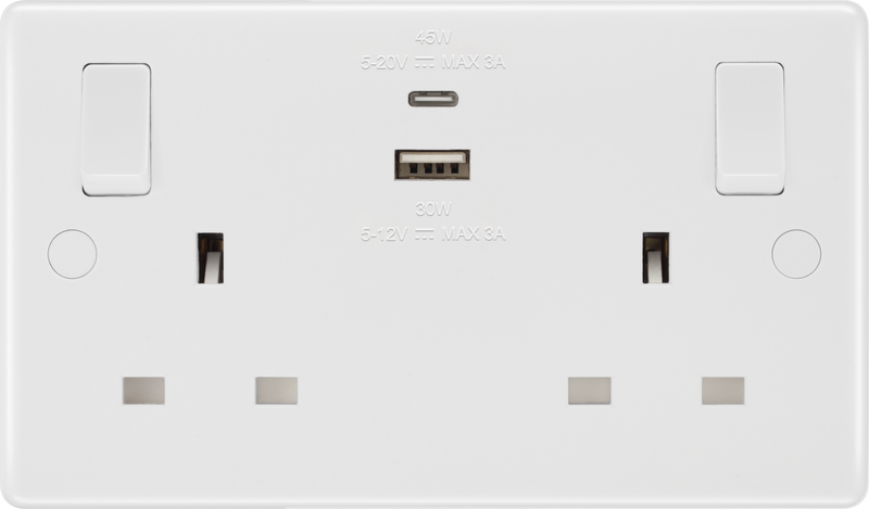 BG Electrical 800 Series - Double switched single pole, with USB A + C (45W)