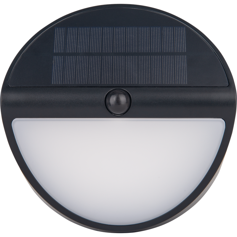 Luceco Ext Residential - Carina Decorative Round Eyelid Outdoor Solar Bulkhead Wall Light with PIR Motion Sensor, LED Exterior Lighting, Black, IP54, 5W, 500lm, 4000K
