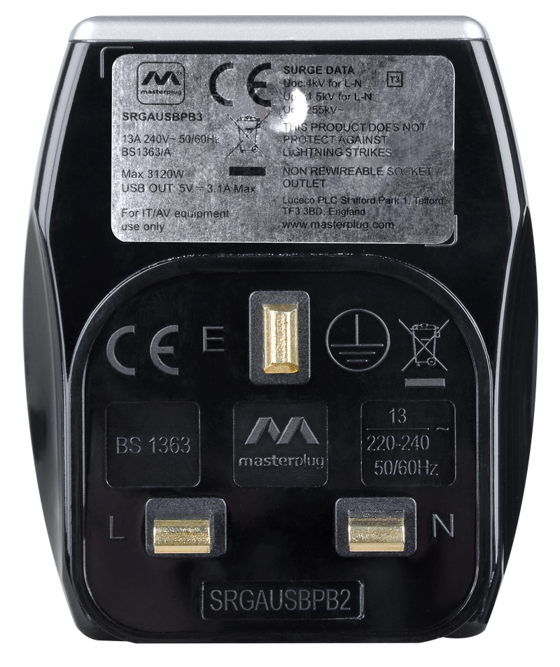 Masterplug High Gloss USB - 2 x USB A, 13A, Gloss Black