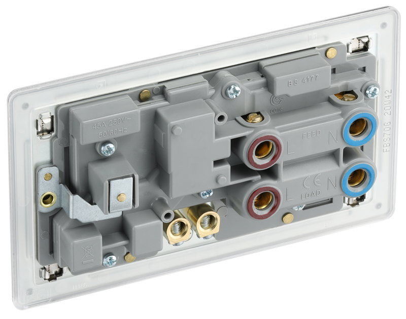 BG Electrical Flatplate Screwless Brushed Steel - 45A double pole, with switched socket and indicators
