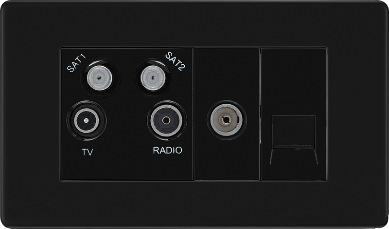 BG Electrical Flatplate Screwless Matt Black - Quadplex 2 x sat, BT outlet and co-ax returned - screened