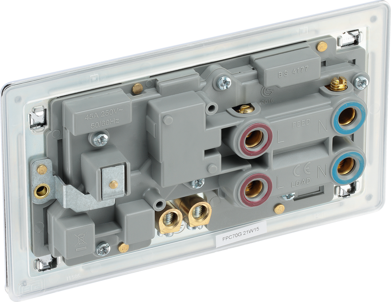 BG Electrical Flatplate Screwless Polished Chrome - 45A double pole, with switched socket and indicators