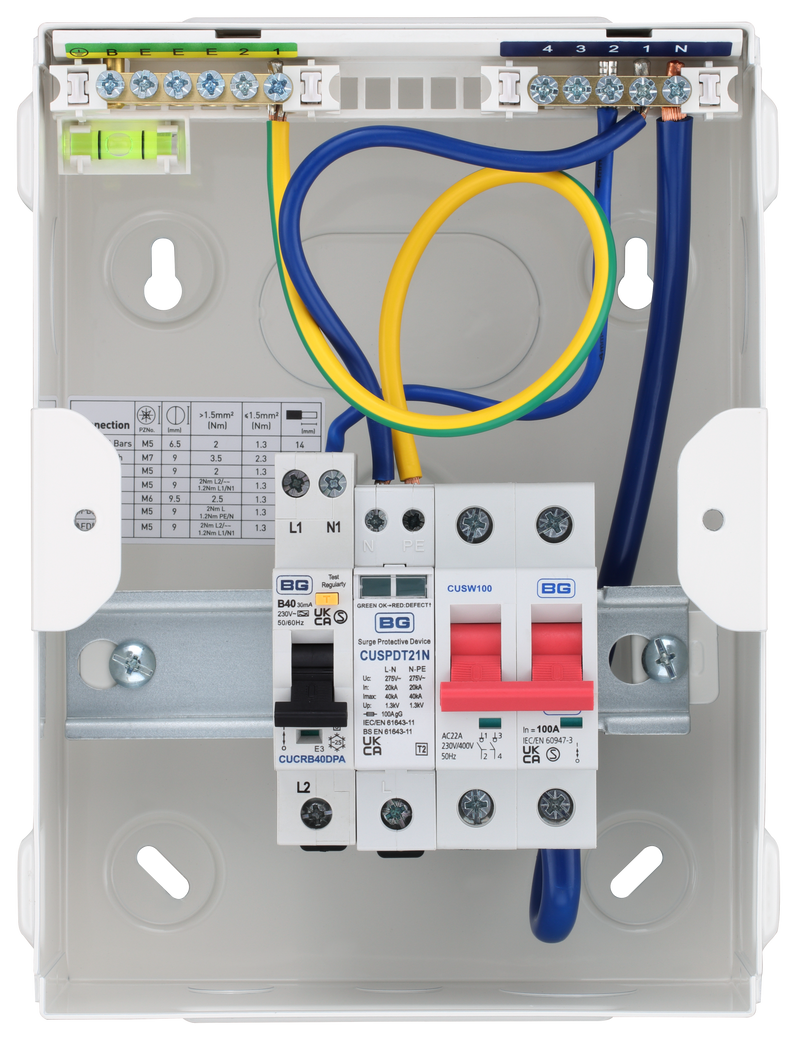 Sync Energy EV Circuit Protection - 5 module, White, 100A Main Switch, 40A 30mA Double Pole RCBO, Type 2 SPD + 1 spare way