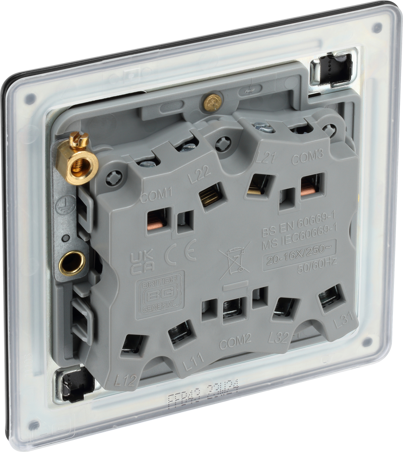 BG Electrical Flatplate Screwless Matt Black - Triple, 2 way switch
