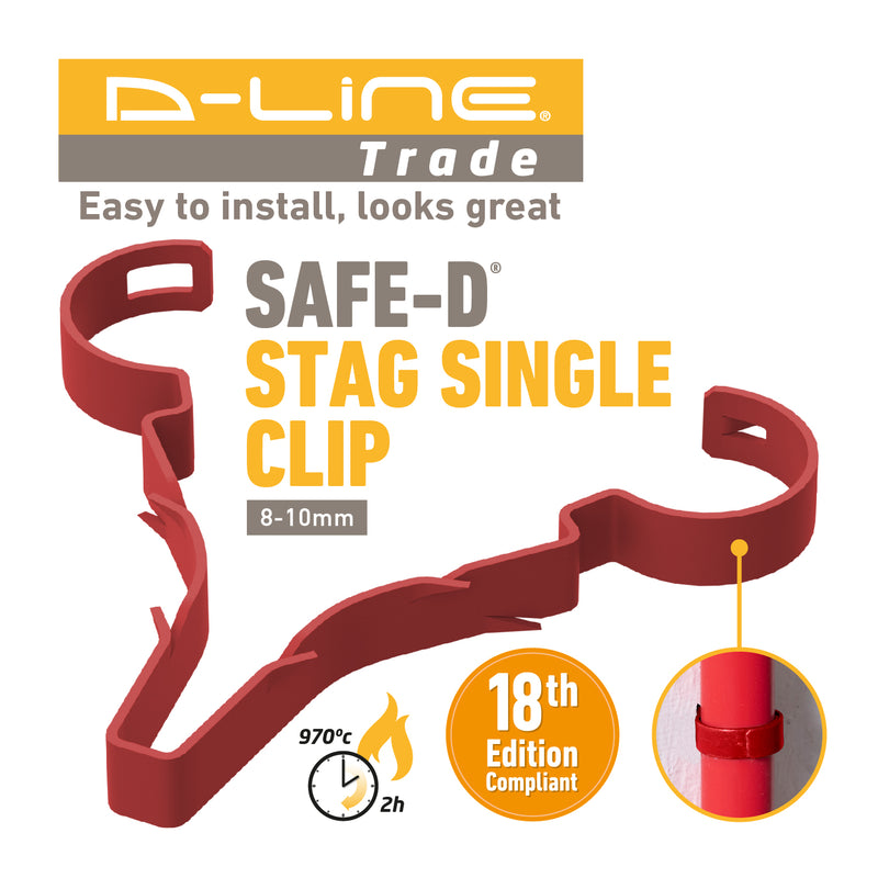 D-Line Fire Clip - Safe-D Stag-Clip for 1x 8-10mm φ cable. Single, Red - Pack of 100