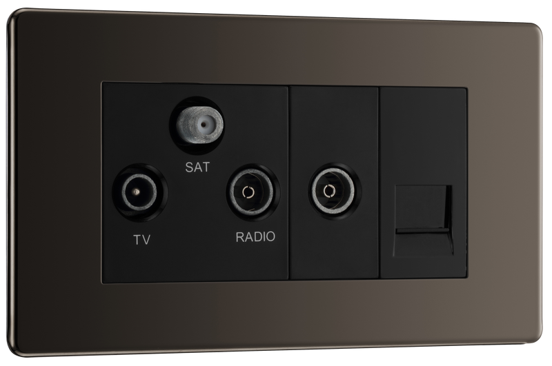 BG Electrical Flatplate Screwless Black Nickel - Triplex with BT outlet and co-axial return - screened